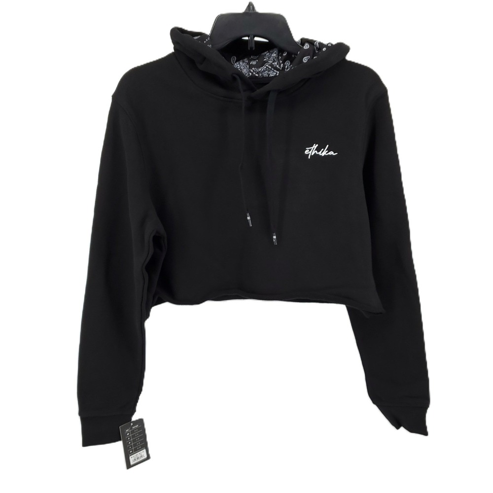 Ethika Cropped Raw Hem Hoodie Womens XS Black 100% Cotton Long Sleeve New